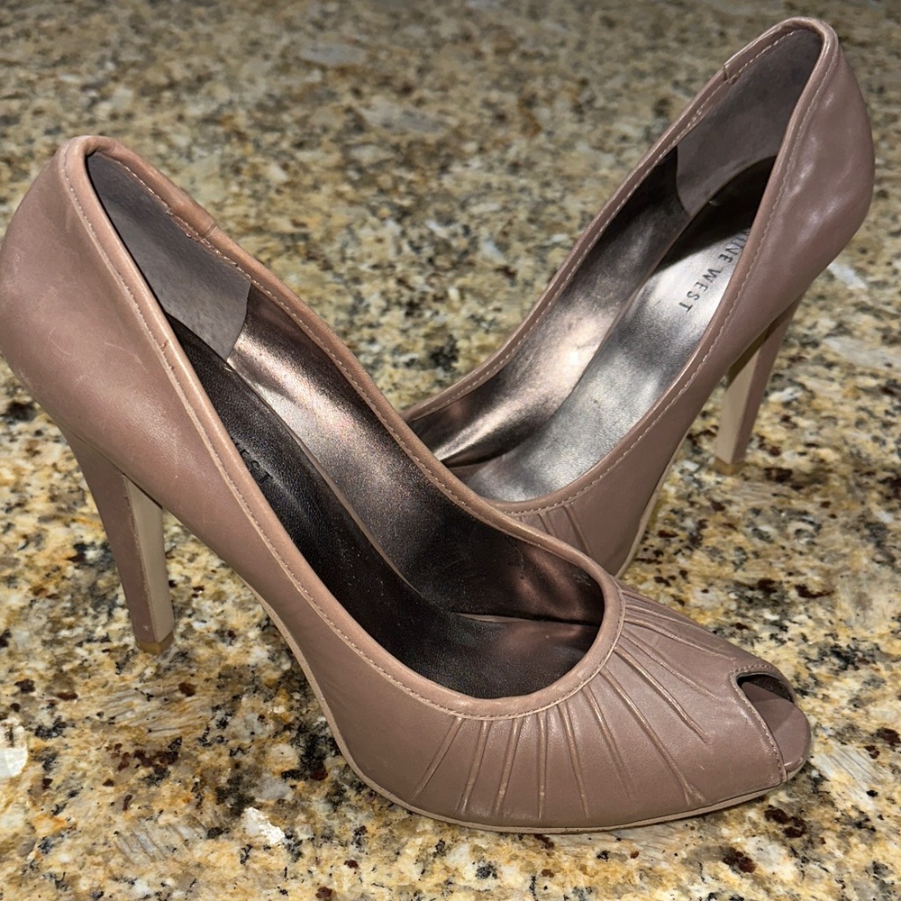 Nine West Pursuited Taupe Leather Peep-Toe Heels, Draped Leather